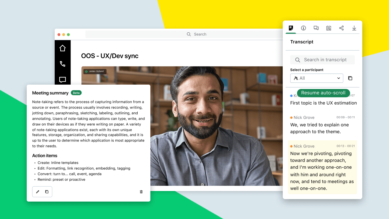 Screen che mostrano una videoconferenza GoTo Meeting con una trascrizione generata dall'IA e un riepilogo della riunione.