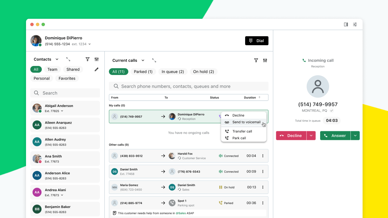 Screen che mostra la dashboard di gestione delle chiamate centralizzata sulla Console per assistenti di GoTo Connect.