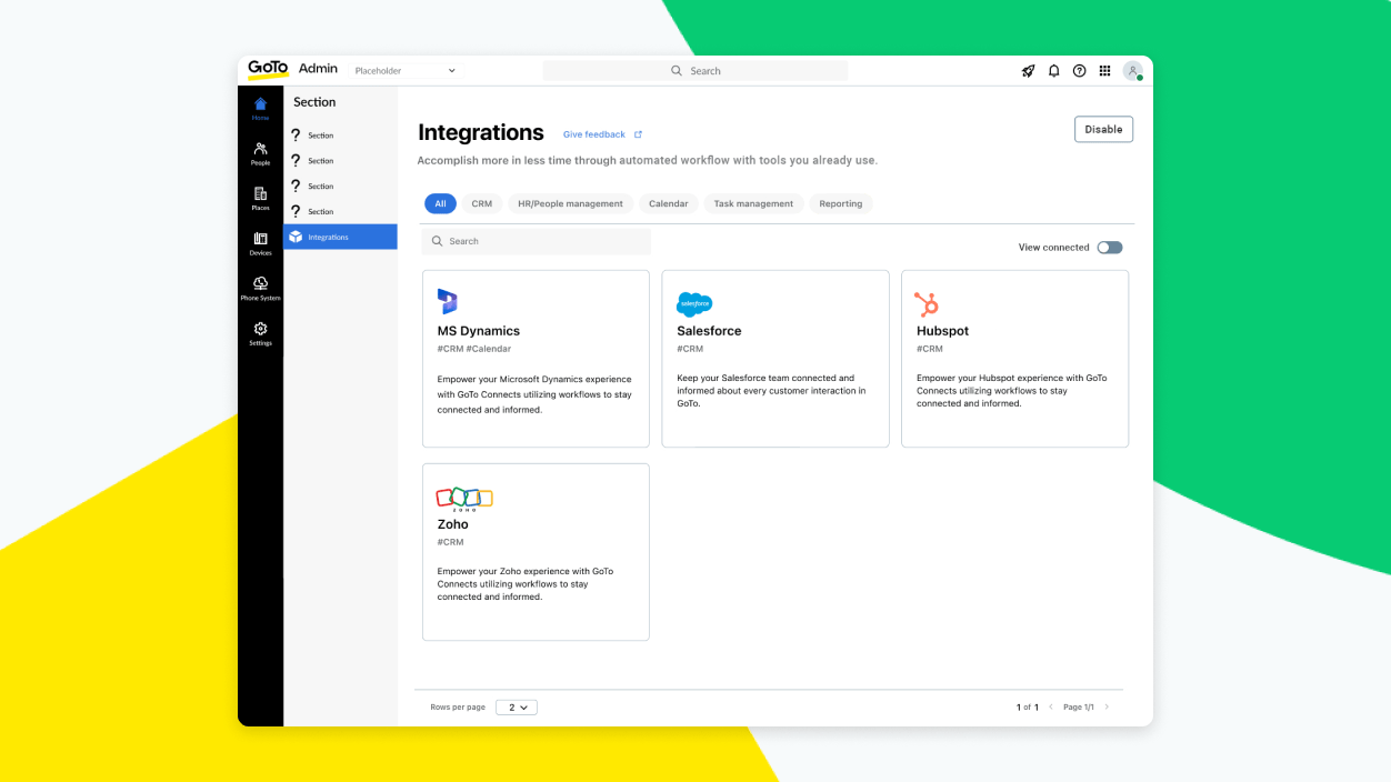 Screen che mostra la scheda Integrazioni su GoTo Admin con la possibilità di connettersi con più strumenti CRM.