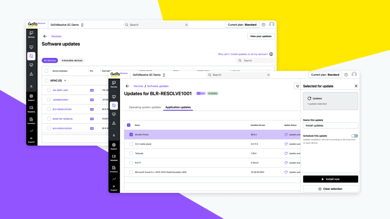 Schermata che mostra GoTo Resolve che gestisce gli aggiornamenti software per più dispositivi.