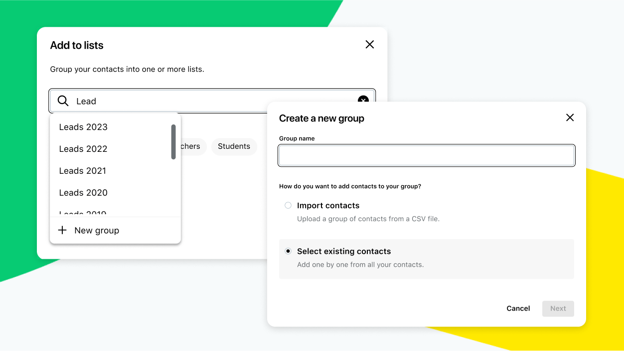 Schermate che mostrano il processo di selezione o importazione dei contatti in nuovi gruppi.