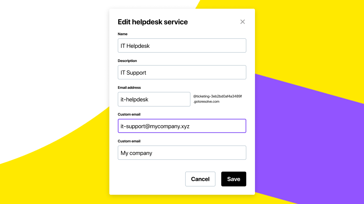 Parte di una schermata che mostra l'inserimento di un'e-mail personalizzata per l'e-mail di servizio dell'helpdesk.
