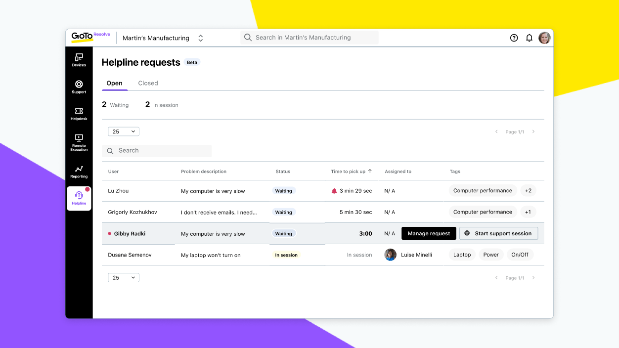 Schermata che mostra la pagina delle richieste di linea di assistenza con le descrizioni e gli stati dei problemi.