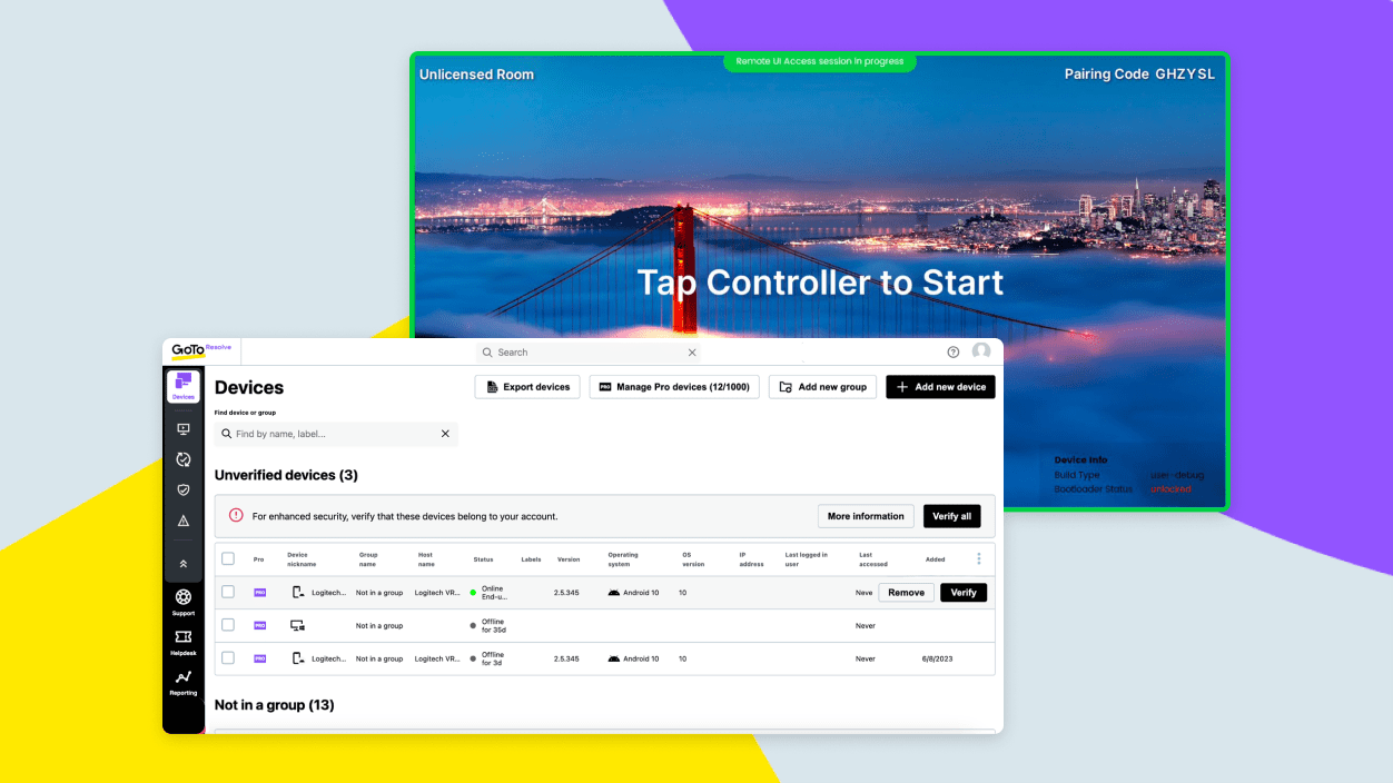 Schermate che mostrano l'elenco dei dispositivi GoTo Resolve e la pagina di una sala conferenze a cui si accede da remoto.