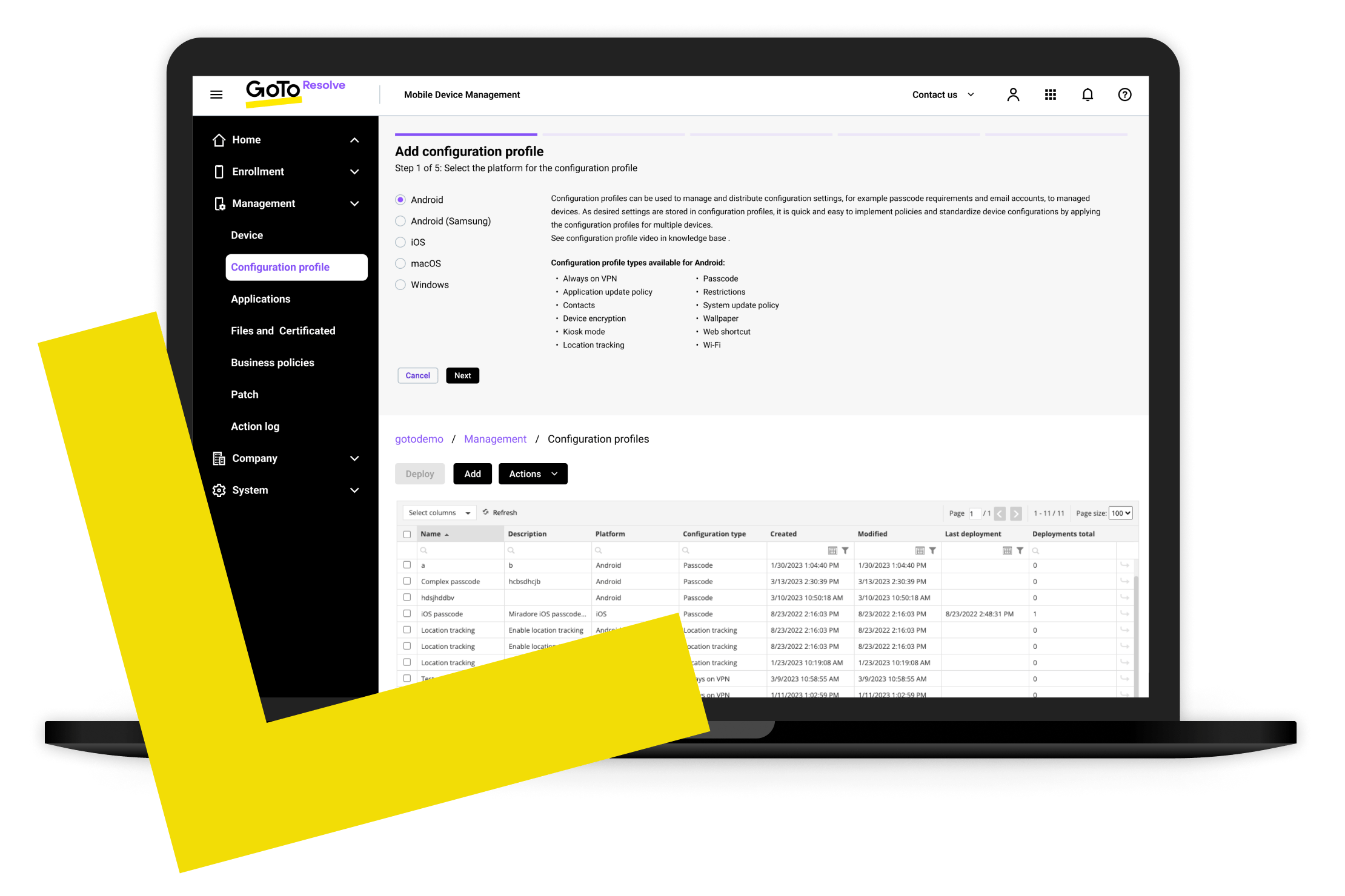 Interfaccia utente della soluzione MDM di GoTo Resolve con possibilità di modificare le impostazioni del profilo, ad esempio inventario dei dispositivi, limiti e configurazioni e gestione delle applicazioni e dei contenuti.