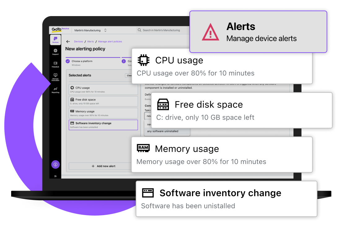 Vista della funzionalità di IT Alerting di GoTo Resolve, con avvisi IT riguardanti nuovi criteri, tra cui avvisi sulle modifiche riguardanti l'utilizzo della CPU, lo spazio su disco, l'uso della memoria e l'inventario del software.