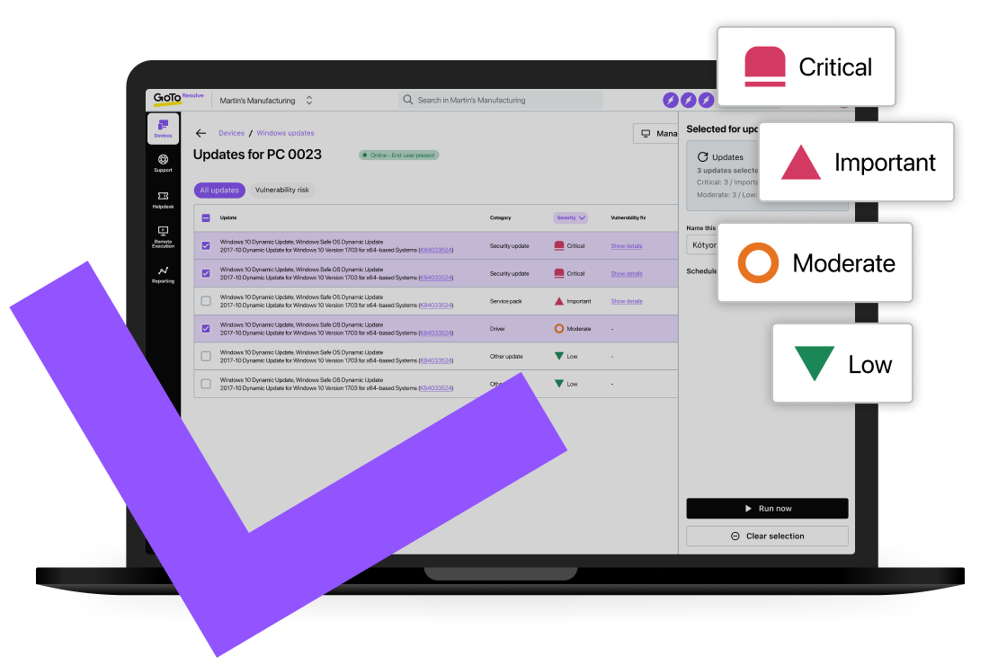 La funzione di operazioni sui dispositivi di GoTo Resolve con le funzionalità di esecuzione remota, terminale remoto e gestione delle patch.