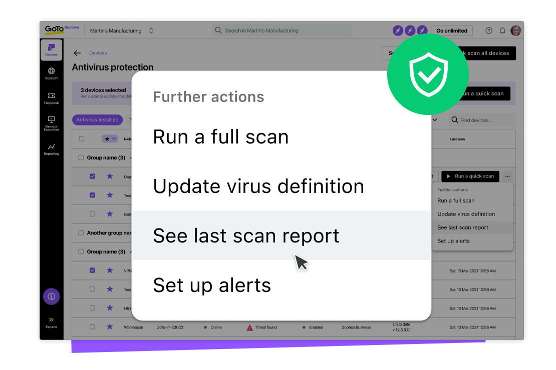 La funzionalità di protezione dell'antivirus RMM di GoTo Resolve nell'interfaccia utente, con opzioni per eseguire una scansione completa, aggiornare la definizione dei virus, vedere i report dell'ultima scansione e impostare degli avvisi.